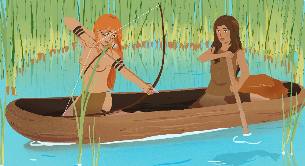 Ember bow fishes while Brig’dha controls their small wooden dugout boat (Ember of a New World)