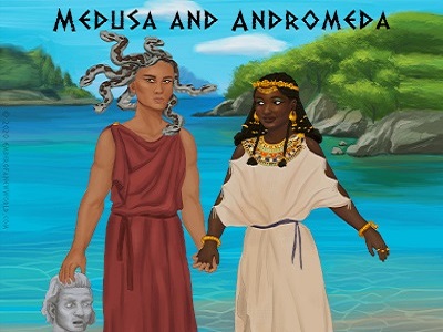 Medusa and Andromeda of Aethiopia stand on the bank of the Aegean